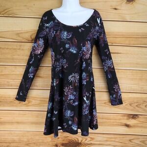 Mudd Long Sleeve Dress Womens Sz M Black Floral Strappy Back Accent Stretch Soft
